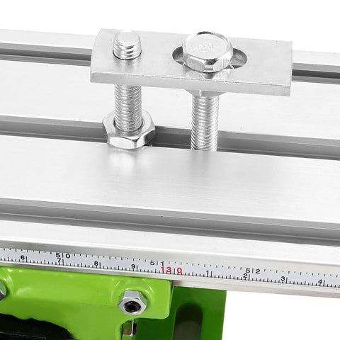 Close-up of 12.2 Inch Mini Milling Machine Worktable With Compound Drilling Slide Table showing bolt and ruler detail.