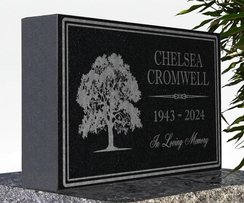 Personalized Granite Memorial Stone For Grave Decor Outdoor Tree Of Life Memorial Plaque Custom Cemetery Marker To Honor Loved One And Find Comfort For The Fam with engraved tree and text on black granite.