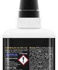 Front view of ARKA 3D printer superglue gel bottle with white body and black precision nozzle.