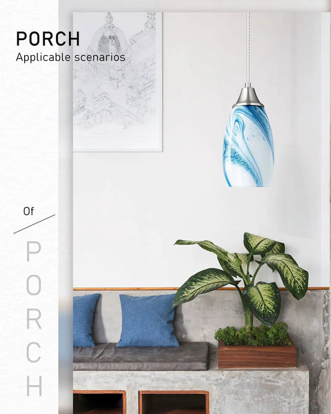 Handcrafted Glass Pendant Light Fixtures With Oval Art Shade And Adjustable Cord Hanging Light For Porch, Blue Marble Color