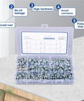 Grease Fittings Kit 110 Pcs Metric And NPT Assortment in box on table, labeled benefits include avoiding rust and corrosion.