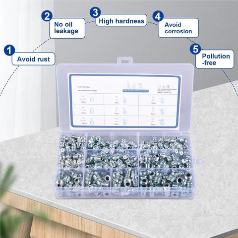 Grease Fittings Kit 110 Pcs Metric And NPT Assortment in box on table, labeled benefits include avoiding rust and corrosion.