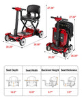 Ecomobi M4 red four-wheel mobility scooter; side view and folded storage state.