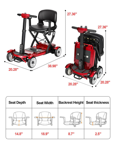 Ecomobi M4 red four-wheel mobility scooter; side view and folded storage state.