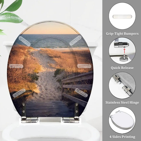 Fresh Coastal Thatched Roof Umbrella Decorative Resin Toilet Seat with smooth drop action, 14.5x18.5 inches, on toilet.