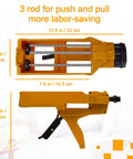 Dual Cartridge Caulking Gun Kit With 1:1 Epoxy Mixing For 400 ML Cartridges, showing dimensions and yellow plastic body.