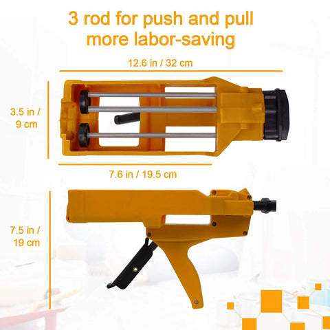 Dual Cartridge Caulking Gun Kit With 1:1 Epoxy Mixing For 400 ML Cartridges, showing dimensions and yellow plastic body.