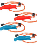 Emergency Whistle Set Four Pack Super Loud Survival Whistles with Lanyards in red and blue for outdoor safety and hiking.