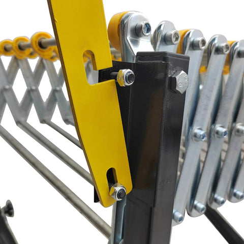Close-up of 19.7 Inch Wide Unpowered Portable Flexible Conveyor With 47 To 177 Inch Expandable Length rollers and metal frame