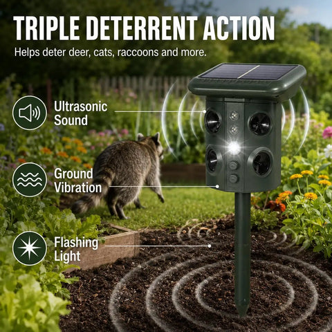 Outdoor Ultrasonic Animal Deterrent With Motion Sensor, Solar Powered Pest Repeller, 3 In 1 System With Ultrasound, Flashing LED Light, And Ground Vibration To Deter Snakes, Moles, Voles, And Gophers In Your Yard in garden