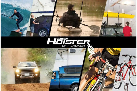 Collage of outdoor activities featuring bikes, kayaking, and overhead garage hoist system with vehicles using roof storage solutions.
