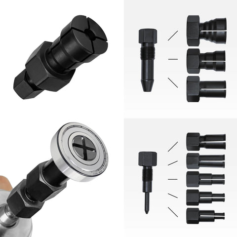 Motorcycle Bearing Puller Kit with Blind Puller and Slide Hammer Set showing components and collet dimensions