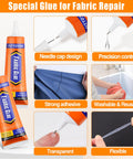 Permanent Fabric Glue 60 ML Washable Clear Clothing Glue For Rhinestones Patches Clothes Denim Leather Polyester Fabrics And Doll Repair Quick Strong Hold No Sew Without Needle And Thread shown with needle cap design and fabric repairs.