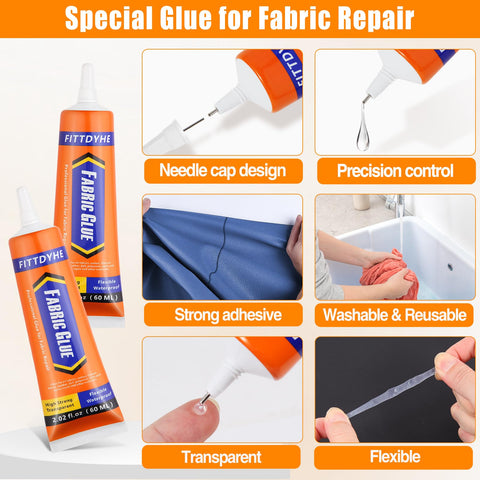 Permanent Fabric Glue 60 ML Washable Clear Clothing Glue For Rhinestones Patches Clothes Denim Leather Polyester Fabrics And Doll Repair Quick Strong Hold No Sew Without Needle And Thread shown with needle cap design and fabric repairs.