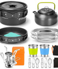 16-Piece Camping Cookware Set With Folding Stove Nonstick Lightweight pots, pans, kettle, cups, plates, utensils visible