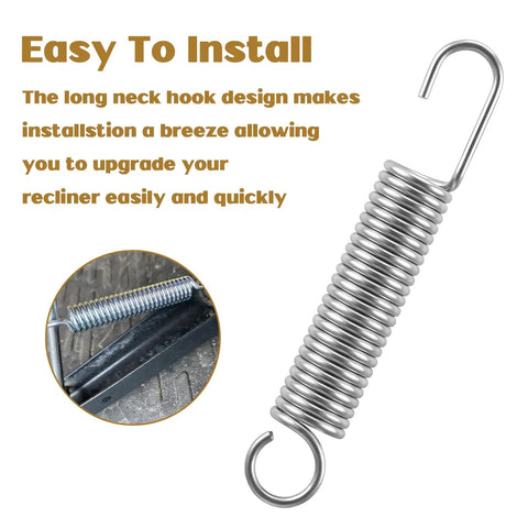 Rock Solid Heavy Duty Stainless Steel Recliner Springs For Long Neck Chairs 4 Pack showing long neck hook design for easy installation.