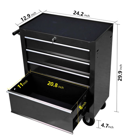 Heavy Duty Rolling Tool Chest With Four Top Shelf Drawers And Secure Locking Mechanism Rock Tough Steel Shop Organizer For Garage Crew Pro Grade Mechanics Storage Black dimensions 24.2x29.9 inch