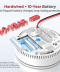Close-up of Hardwired Smoke Detector and Carbon Monoxide Alarm Combo, showing 10-year battery compartment for reliability.