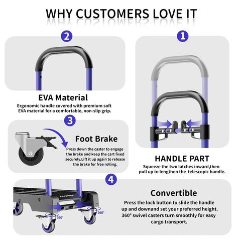 3 In 1 Folding Hand Truck Built Tough With 330 Pound Capacity Adjustable Handle 360 Degree Swivel Casters One Touch Parking Brake Collapsible Dolly For Warehouse Moving Travel And Easy Storage handle and brake details