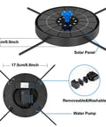 Solar Fountain Pump For Bird Bath With 3 Spray Height Adjustments Upgraded Glass Panels LED Lights 6 Nozzles All-In-One Fixed Rods Outdoor Water Fountain For Garden Pond Pool Easy Setup And Instant Use, showing solar panel dimensions and removable water pump parts.