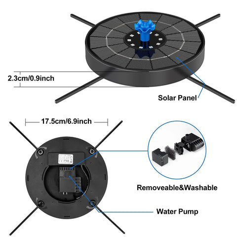 Solar Fountain Pump For Bird Bath With 3 Spray Height Adjustments Upgraded Glass Panels LED Lights 6 Nozzles All-In-One Fixed Rods Outdoor Water Fountain For Garden Pond Pool Easy Setup And Instant Use, showing solar panel dimensions and removable water pump parts.