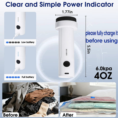 Front view of Eunhdet cordless handheld vacuum pump, white body with black cap and USB charging port.