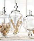 Set Of 3 Clear Glass Apothecary Jars With Lids For Candy Buffets And Home Decor Tall 10 Inch And Two 9 Inch Jars With 4.5 Inch Openings