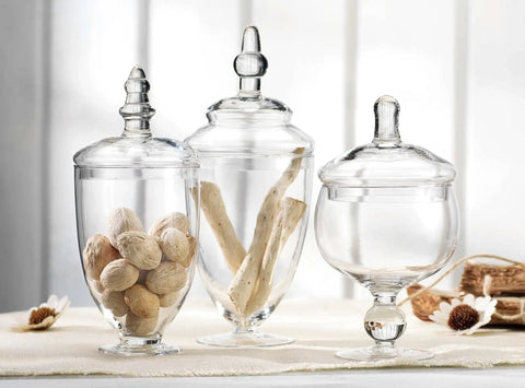 Set Of 3 Clear Glass Apothecary Jars With Lids For Candy Buffets And Home Decor Tall 10 Inch And Two 9 Inch Jars With 4.5 Inch Openings