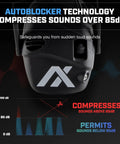 TrackR Noise Cancelling Ear Muffs with electronic hearing protection and AutoBlocker technology diagram.