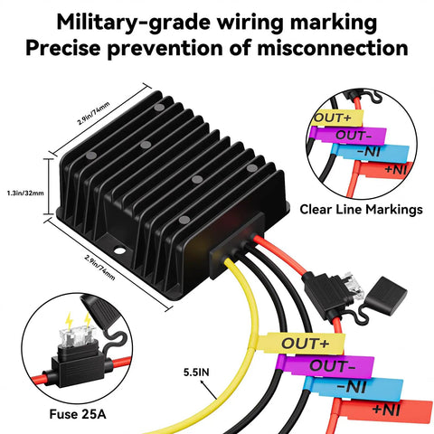 36V To 12V DC-DC Converter For Golf Carts, Beefy 20A 240W Step Down Voltage Reducer With Fuse, Wiring Diagram Shown
