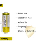 Heavy Duty 23A 12V Alkaline Batteries 5 Pack Runs Forever For Garage Door Openers And Remote Controls, showing specifications.