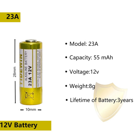 Heavy Duty 23A 12V Alkaline Batteries 5 Pack Runs Forever For Garage Door Openers And Remote Controls, showing specifications.