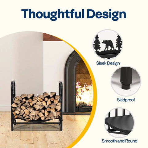 Bear Pattern Firewood Rack 16.5 Inch Wrought Iron Log Holder next to a fireplace, displaying sleek design and thoughtful features.