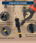 Top Shelf Countersink Drill Bit Set With 1/4 Inch Hex Shank, Titanium Coated 82 Degree Adjustable Depth Guides For Fast Clean Woodwork, Rock Solid 14 Piece No Hassle Heavy Duty Shop Kit showing HSS and carbon steel bits.