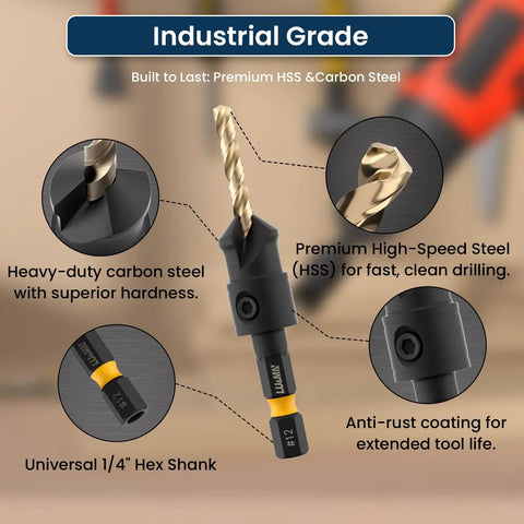 Top Shelf Countersink Drill Bit Set With 1/4 Inch Hex Shank, Titanium Coated 82 Degree Adjustable Depth Guides For Fast Clean Woodwork, Rock Solid 14 Piece No Hassle Heavy Duty Shop Kit showing HSS and carbon steel bits.
