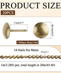 Pro Grade Upholstery Tack Strip Featuring No Sweat Install Heavy Duty Brass Nailhead Trim With Antique Rivets For Sofa Couch Reupholstering And Diy Home Upgrade showing 20pcs brass nails with dimensions.