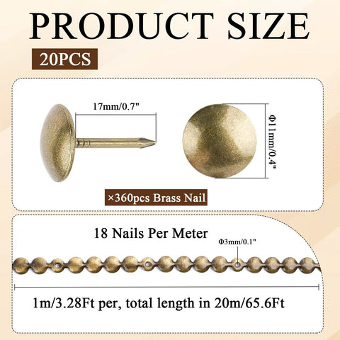 Pro Grade Upholstery Tack Strip Featuring No Sweat Install Heavy Duty Brass Nailhead Trim With Antique Rivets For Sofa Couch Reupholstering And Diy Home Upgrade showing 20pcs brass nails with dimensions.