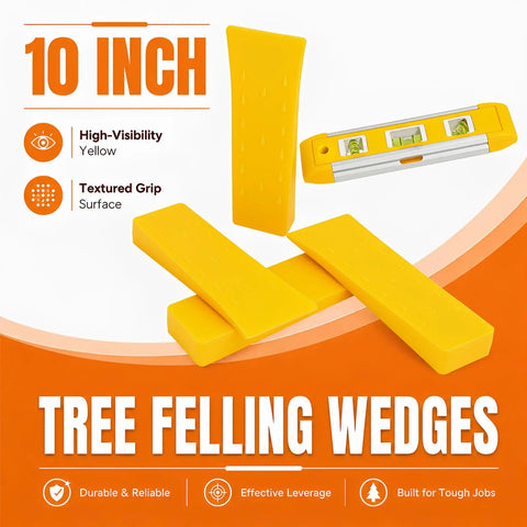 10 inch high-visibility yellow tree felling wedges with textured grip surface, durable and reliable for effective leverage.