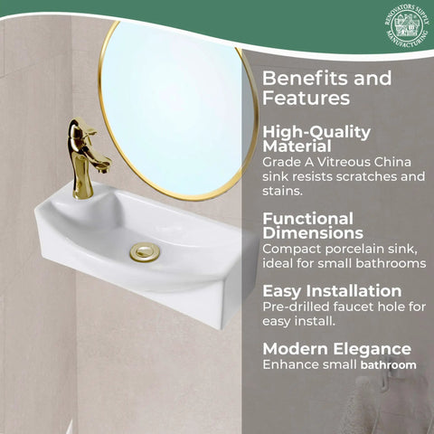 Laura White Ceramic Wall Mount Sink 18 Inch Floating Vessel With Overflow And Single Faucet Hole For Small Bathrooms Space Saving Modern Vanity Setup With Glossy Porcelain Finish Durable Ceramic Construction