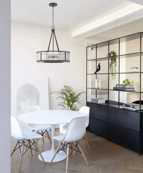 Cheyenne 23 Inch Four Light Modern Drum Chandelier With Rippled Glass Panel Shade In Galvanized Steel Finish in dining room