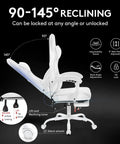 Profile view of white gaming chair with footrest and massage lumbar support gel pad, ergonomic reclining up to 145 degrees.