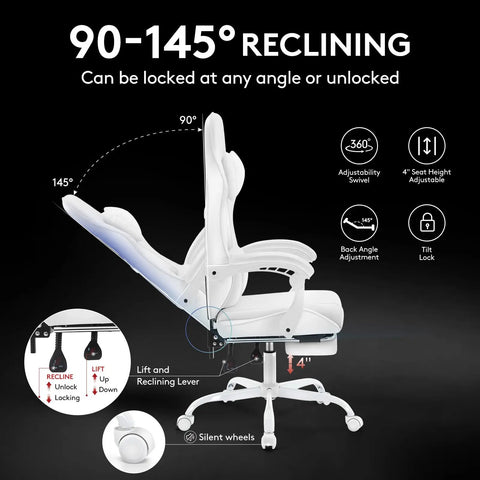 Profile view of white gaming chair with footrest and massage lumbar support gel pad, ergonomic reclining up to 145 degrees.
