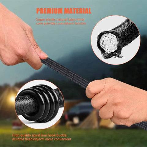 Hands pulling Heavy Duty 24 Inch Bungee Cords With Hooks Pack Of 4 Black Built Tough Industrial Grade Outdoor Tie Downs