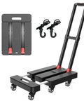 Folding hand truck dolly with telescoping handle, black with red accents, four wheels, includes two elastic rope hooks