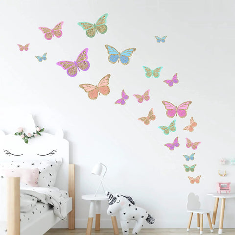 Luminous Butterfly Wall Stickers Set With 58 Pcs Phosphorescent Colorful Wall Art For Kids Room Girls Bedroom And Bathroom Decor DIY Craft Projects Ideas For Easy DIY Fun displayed on a child's bedroom wall.