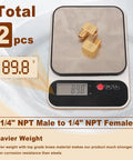 Two Pack One Quarter Inch NPT Brass Fittings 90 Degree Street Elbow on scale showing weight