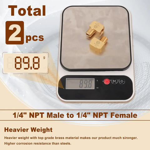 Two Pack One Quarter Inch NPT Brass Fittings 90 Degree Street Elbow on scale showing weight