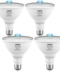 Motion Sensor LED Bulbs For Outdoor And Indoor Use, 15W Flood Light Equivalent To 100W, 1200 Lumens, 6000K Daylight, PIR Infrared Sensor, E26 Socket, PAR38 Style, Weatherproof, Dusk To Dawn, Easy Plug And Play, Four Pack showing four white PAR38 LED bulbs