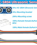 Five Pack HCSR04 Ultrasonic Sensor Module For Arduino R3 Uno Mega XBee Nano Robot With Five Mounting Brackets Ideal For Prototyping And Precise 2 To 450 Cm Distance Sensing showing sensors, brackets, and wires
