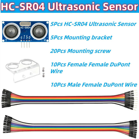 Five Pack HCSR04 Ultrasonic Sensor Module For Arduino R3 Uno Mega XBee Nano Robot With Five Mounting Brackets Ideal For Prototyping And Precise 2 To 450 Cm Distance Sensing showing sensors, brackets, and wires